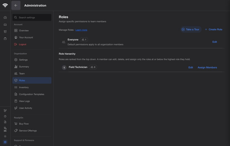 Assigning a member to the Field Technician role from the Roles page