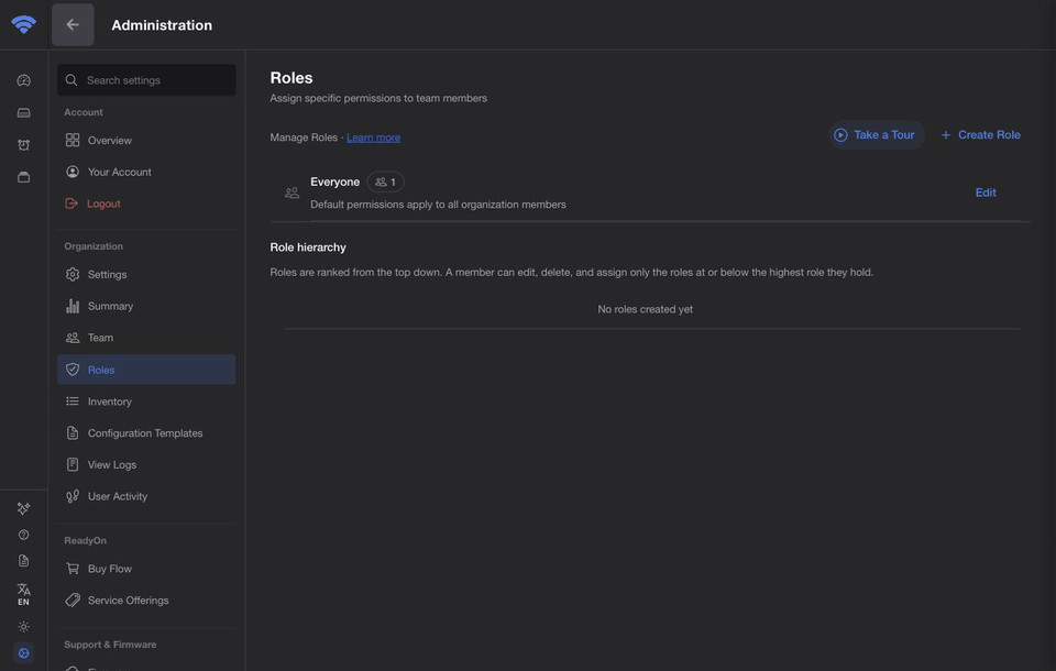Creating a Field Technician role in ReadyView: entering a name, starting from a template, adjusting permissions, and saving