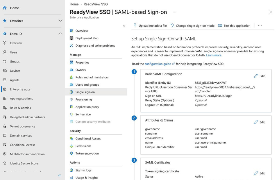 Entering the ReadyView values in a Microsoft Entra ID enterprise application