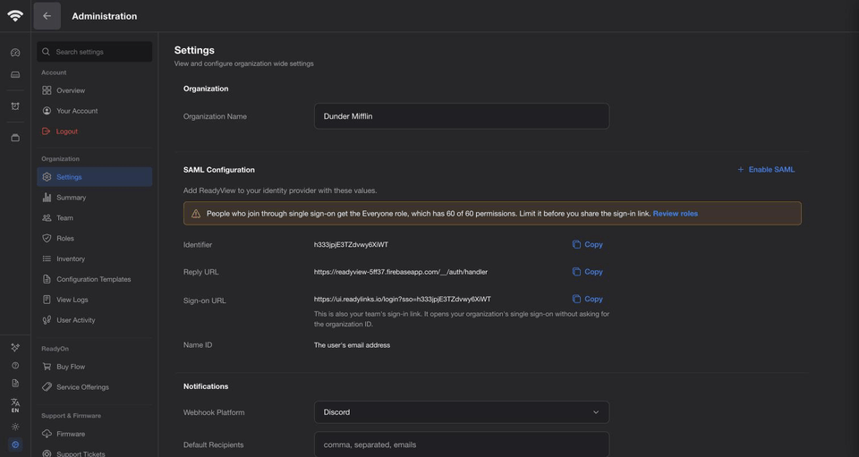 Setting up single sign-on in ReadyView: the Everyone role warning, importing the identity provider's metadata URL, saving, copying the sign-in link, and opening Roles from the warning
