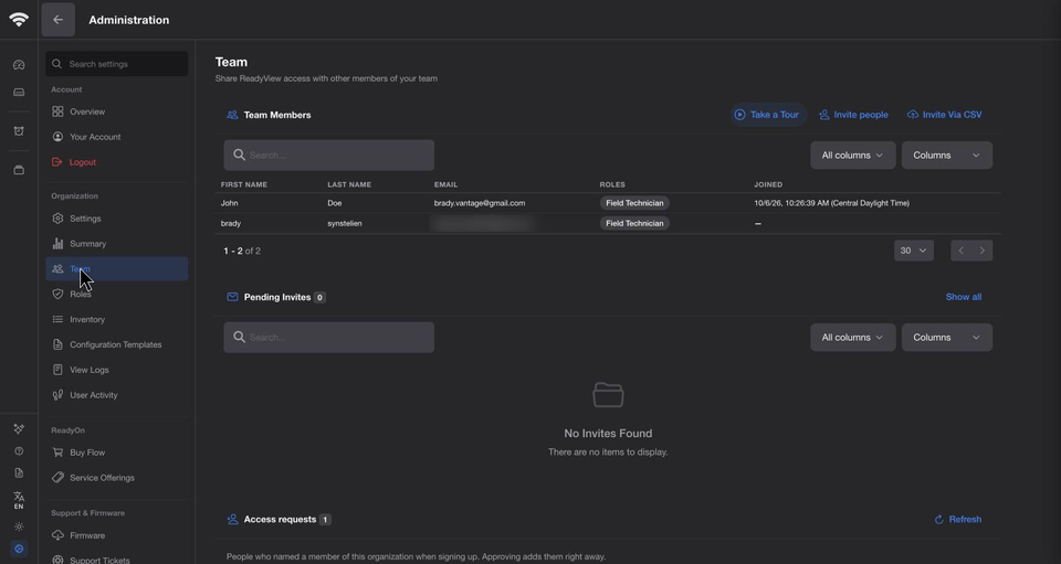 Administration > Organization > Team showing a member who joined through SSO with the Field Technician role from the identity provider, and View Logs showing the single sign-on entries