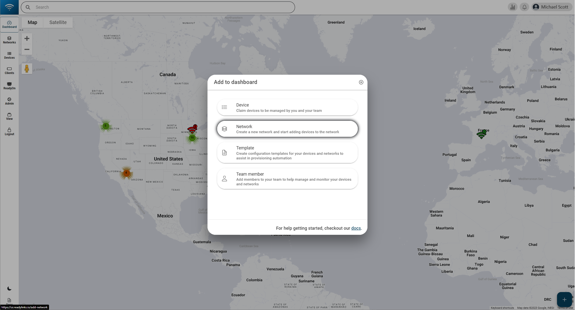 Searching for a network address when creating a network in ReadyView