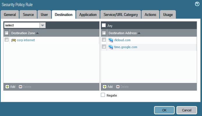 Example firewall configuration showing the allowed destinations